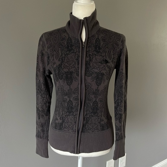 The North Face Gray and Black Wool Blend Floral Zip Up Sweatshirt - Picture 1 of 9